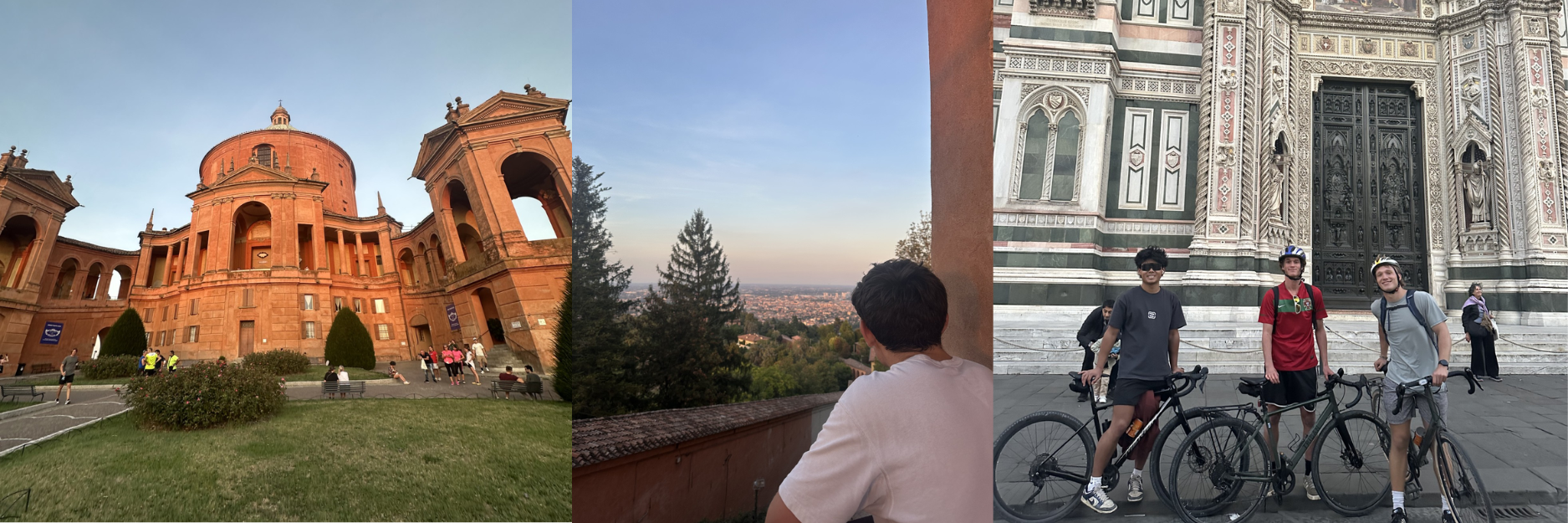 Triptych: sunset red-sandstone tomb; person viewing river at dusk; cyclists by ornate cathedral
