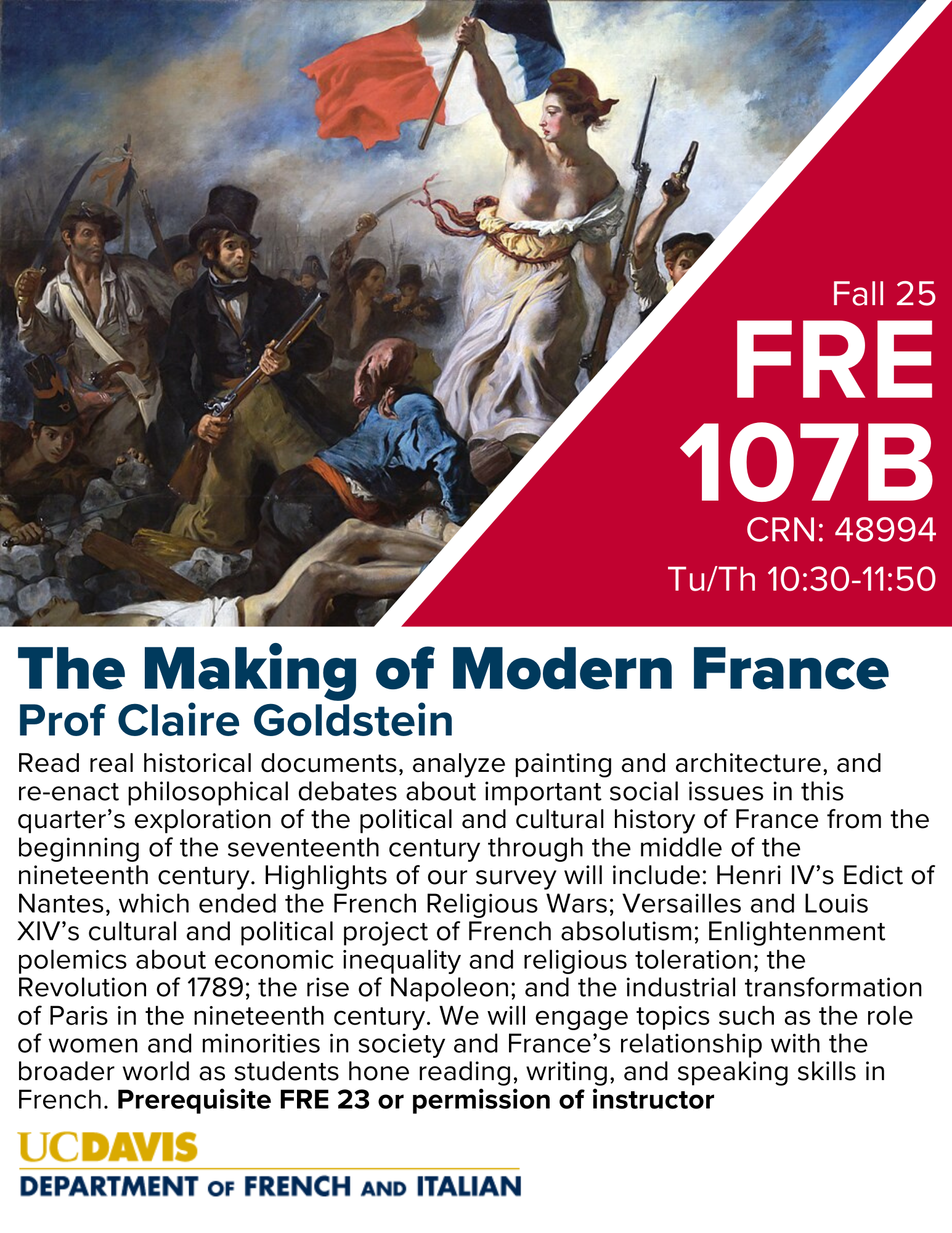 A flyer for FRE 107B, with art of woman holding a french flag.
