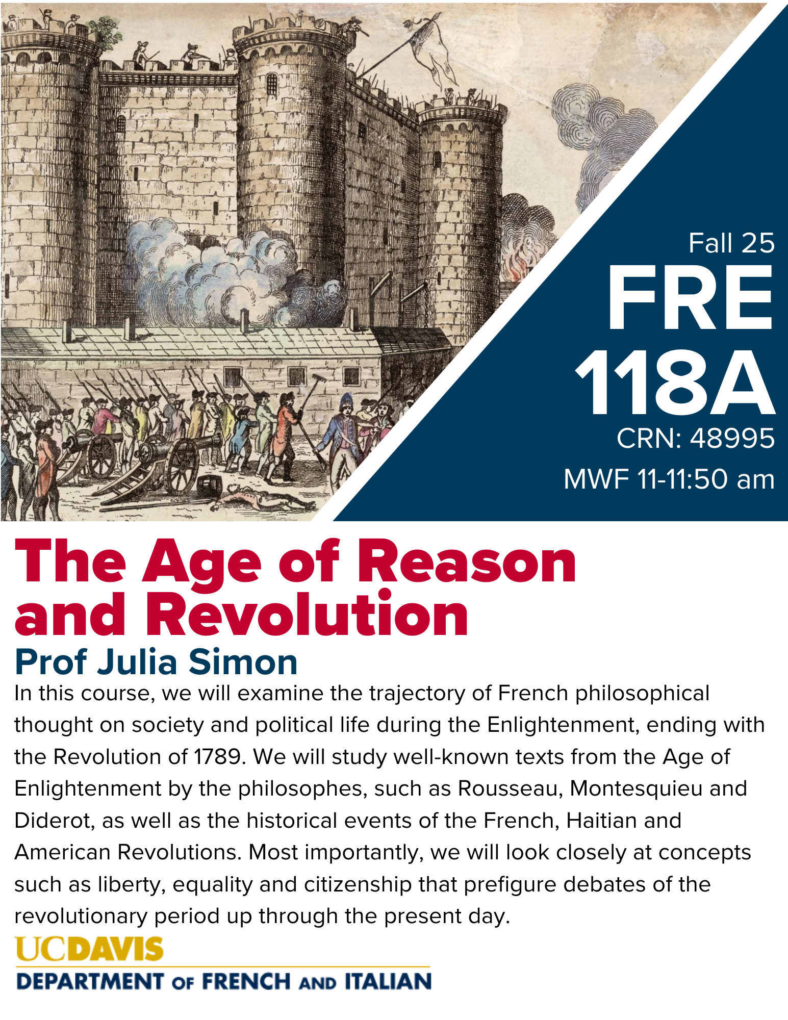 A flyer for FRE 118A, with art of the french revolution.