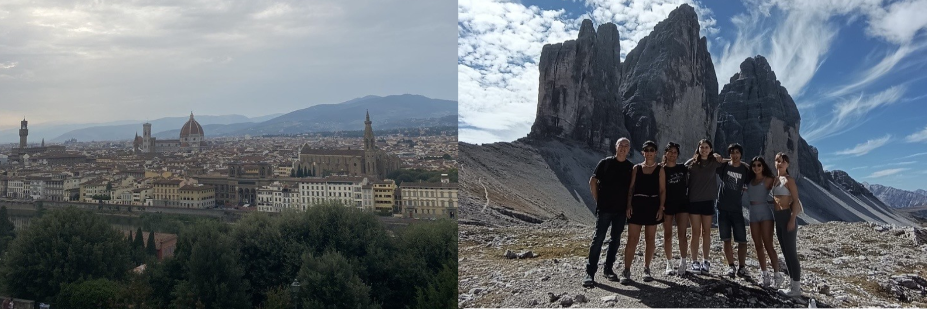Historic city skyline with domed cathedral; hikers posing before jagged mountain peaks