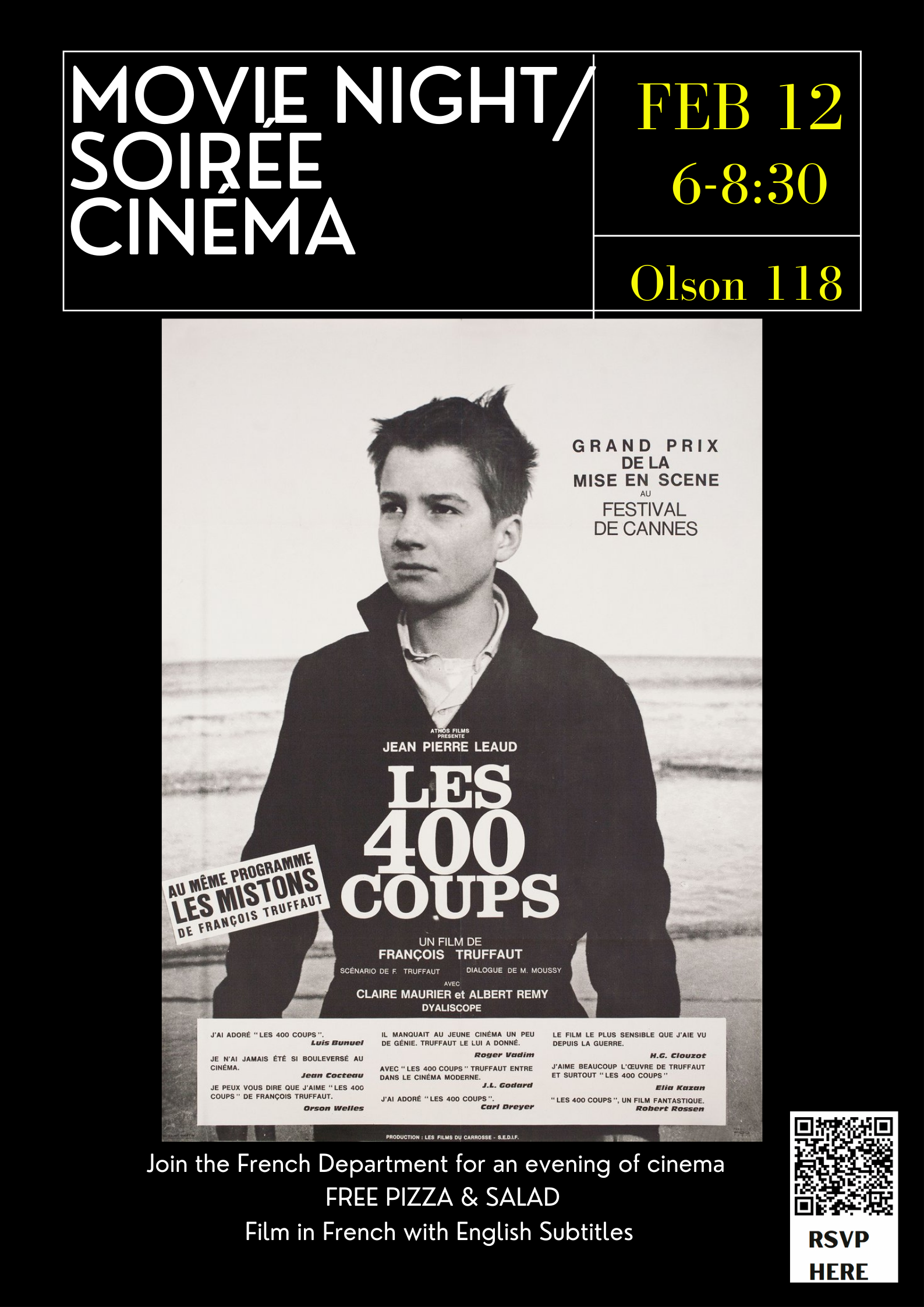 A flyer for French Movie night, with a poster of a man in black and white.