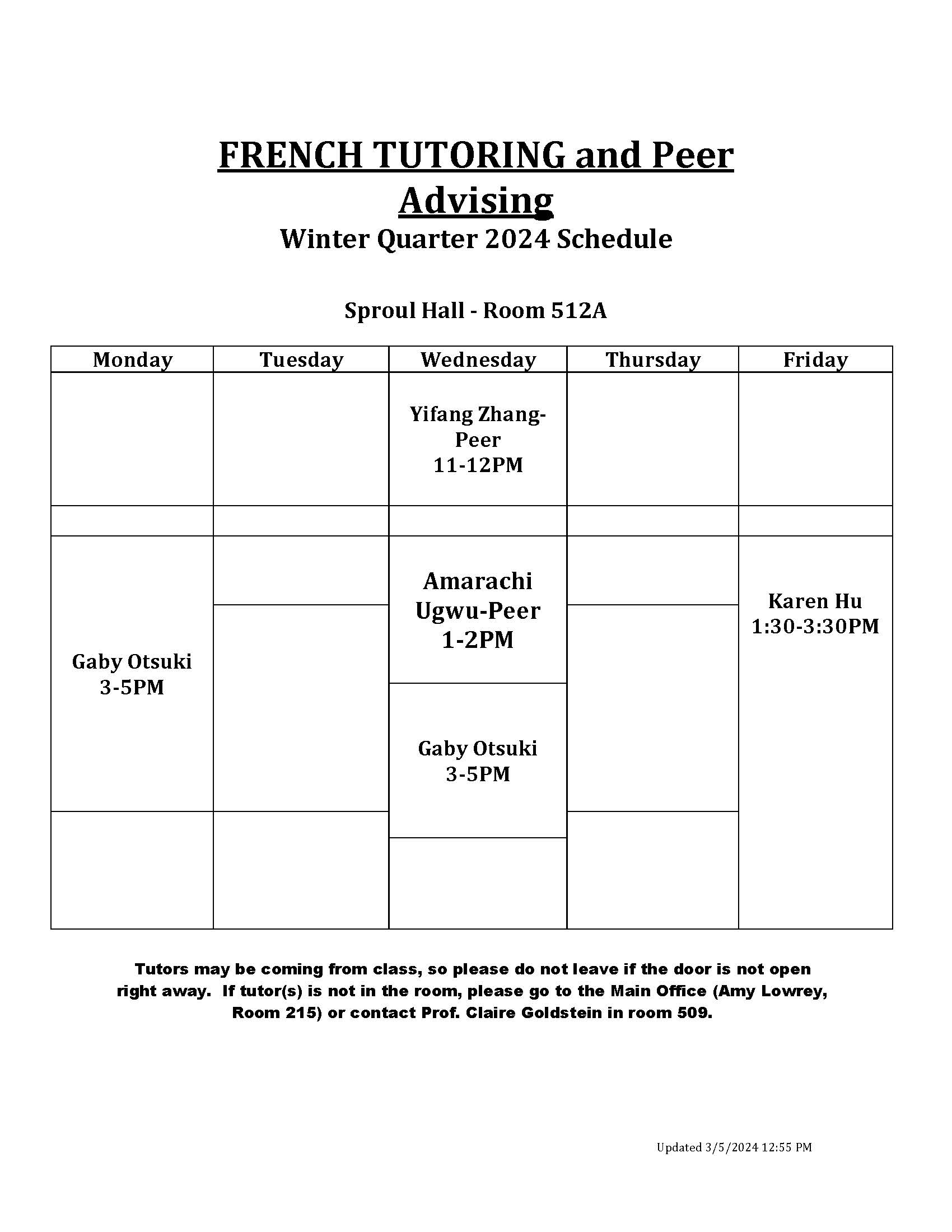 A time table for french tutors