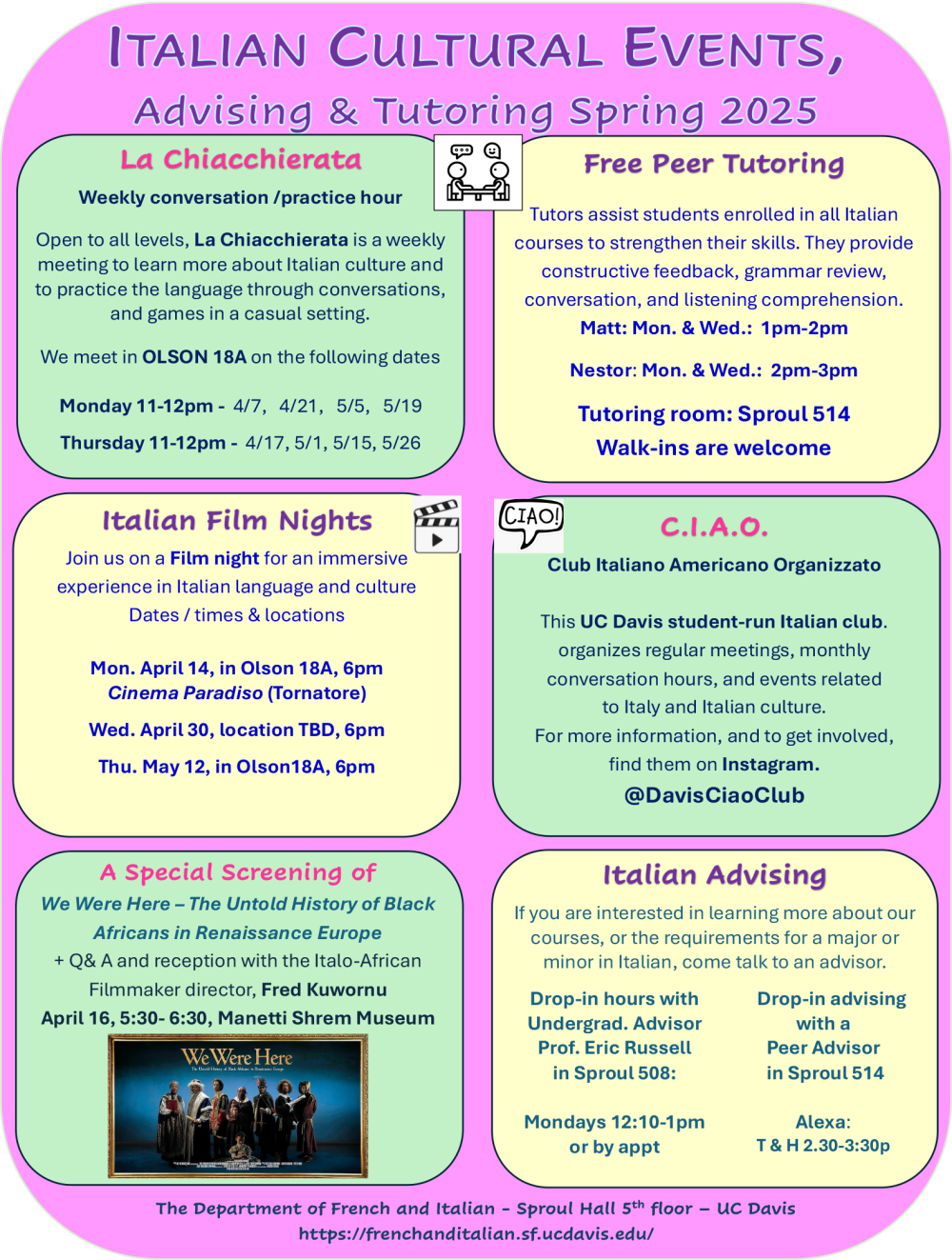 A calendar of upcoming events. A pdf version is linked below