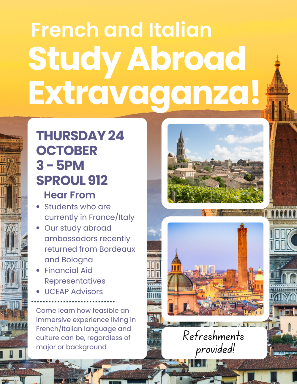 A flyer for the upcoming event, photos of Florence at sunset, a winery in Bordeaux, and the city of Bologna. All text written above.