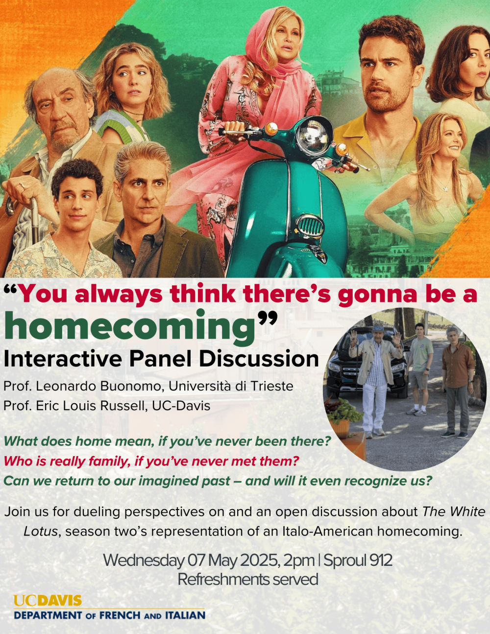 A flyer for the upcoming event, with art from white lotus season 2.