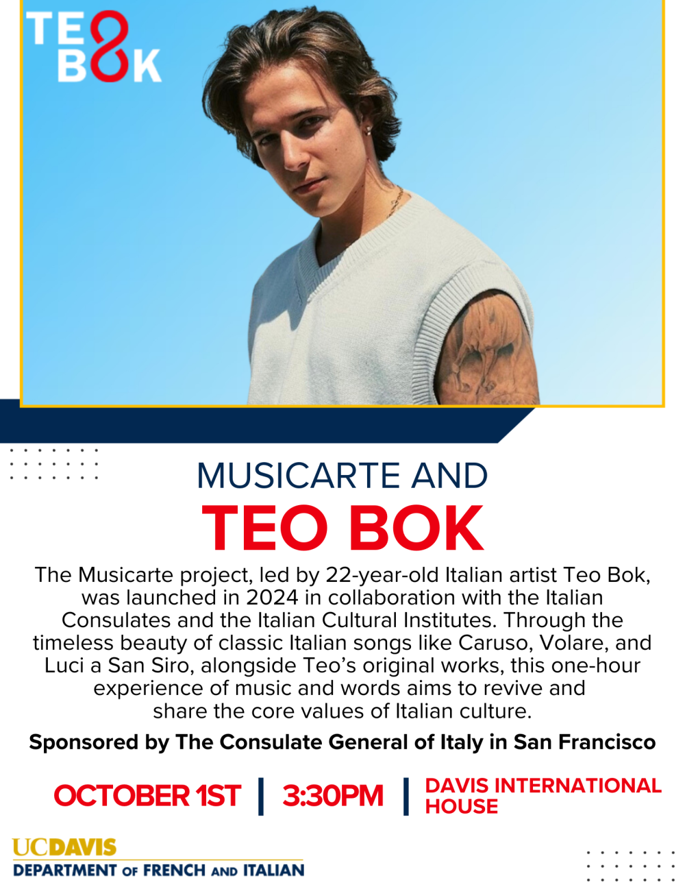 A flyer for the upcoming event, with a photo of a man in a white vest.