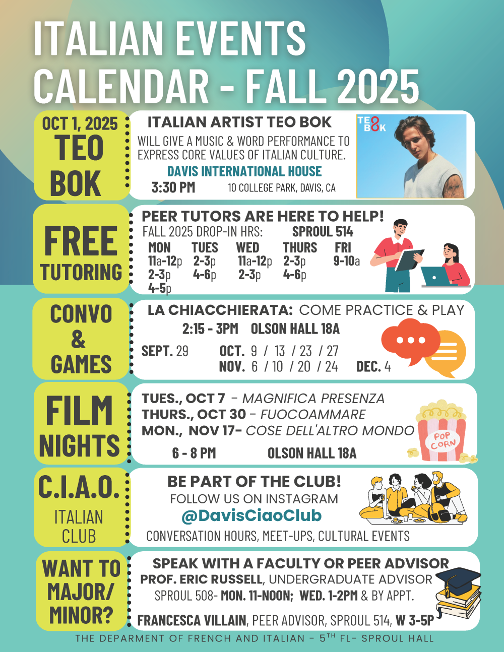 A list of various Italian events and clubs offered by the department.