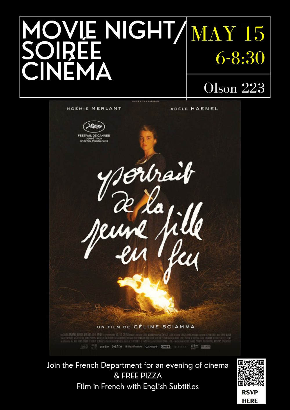 A flyer for the upcoming event - including a movie poster of "Portrait of a Lady on Fire"