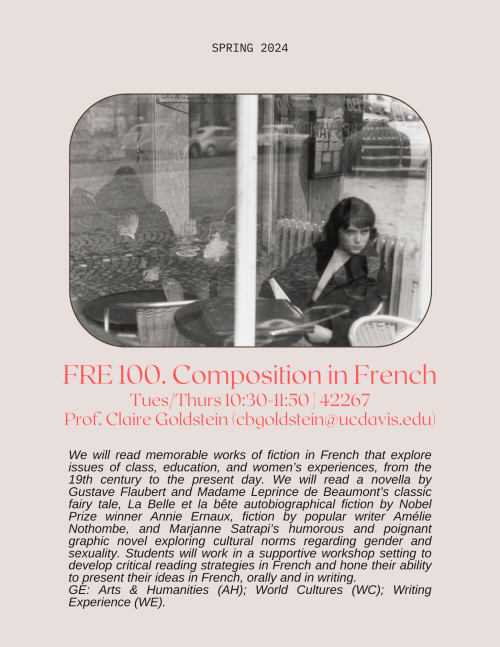 A flyer for FRE 100, with a black and white woman looking out a cafe window