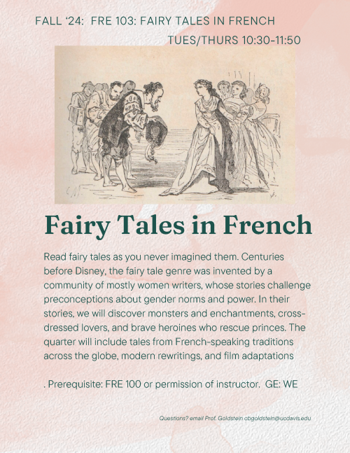 A flyer for FRE 103, pink pastels and an old illustration of a lord bowing to a lady