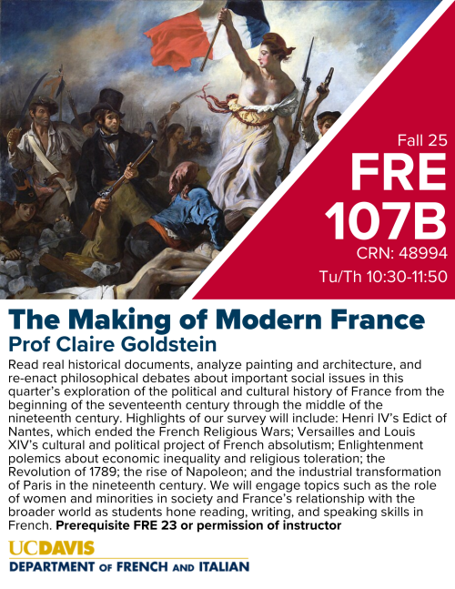 A flyer for FRE 107B, with art of woman holding a french flag.