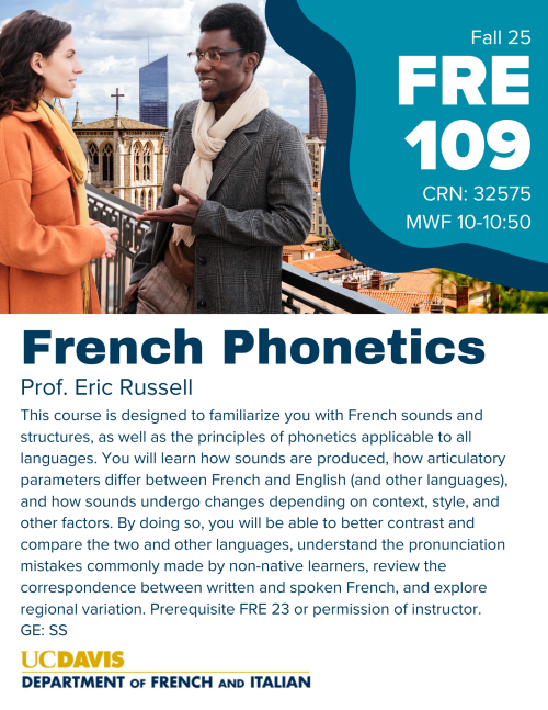 A flyer for FRE 109 with two people talking.