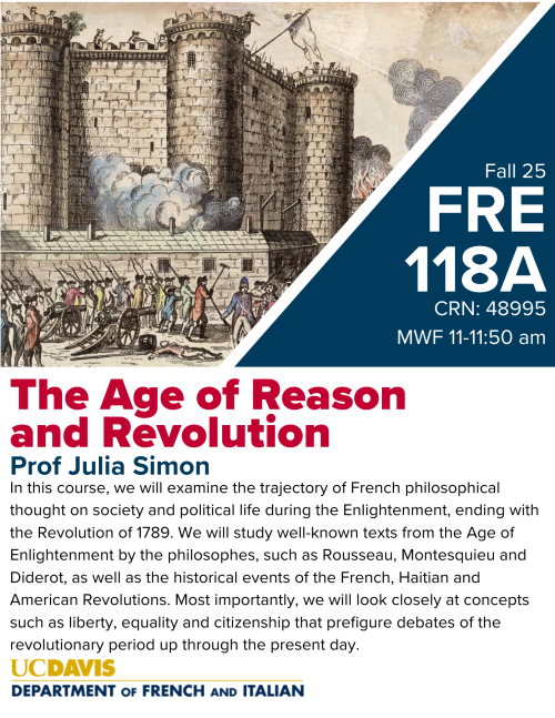 A flyer for FRE 118A, with art of the french revolution.