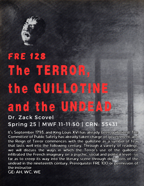 A flyer for FRE 128, with black and white art of a guillotine and a floating head