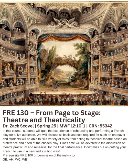A flyer for 130, a classic painting of a crowded theater with many box seats and an elaborate set