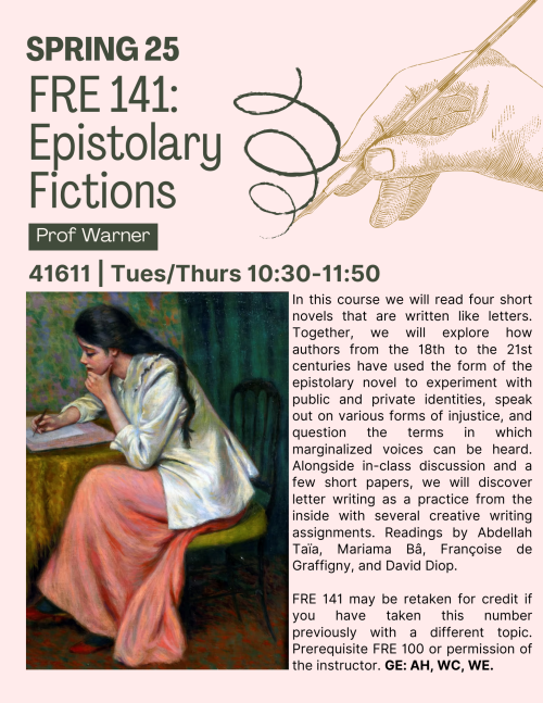 A flyer for FRE 141. A hand holding a long pen, and a painting of a woman writing a letter, thinking.
