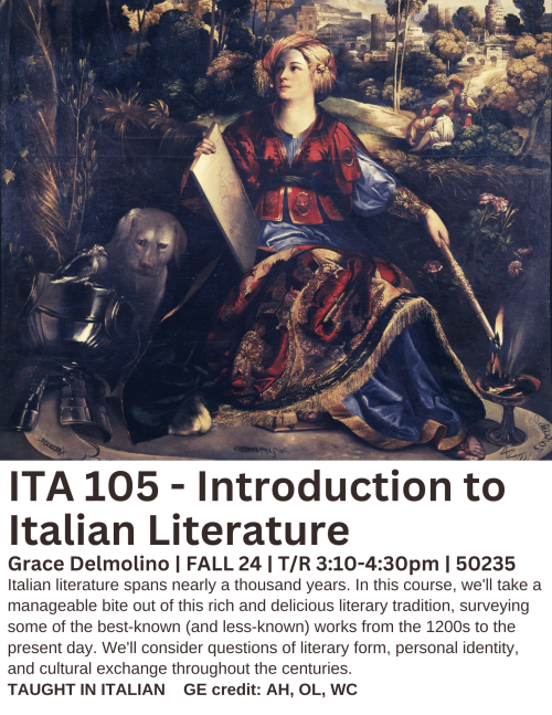 A flyer for ITA 105 with a renaissance painting of a woman in luxurious fabrics