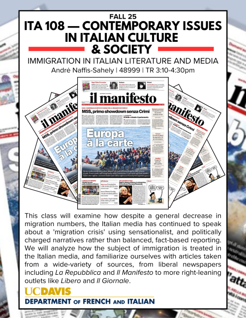 A flyer for ITA 108, featuring newsprint of an Italian Newspaper with a headline regarding Immigration.
