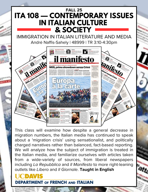 A flyer for ITA 108, featuring newsprint of an Italian Newspaper with a headline regarding Immigration.