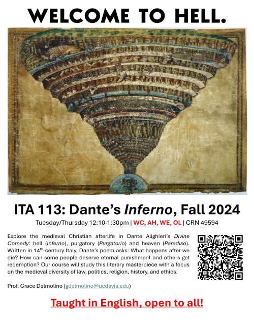A flyer for ITA 113 featuring a painting of a map of the underworld, in 9 circle. Bold text states "Welcome to Hell"