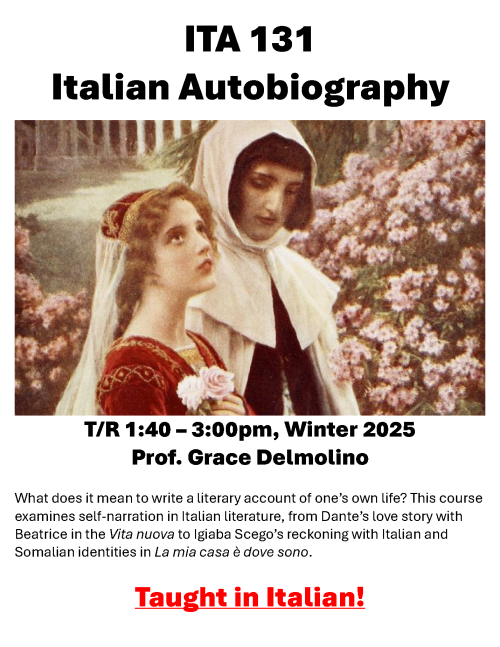 A flyer for ITA 131 with a painting of two women wearing classical garb