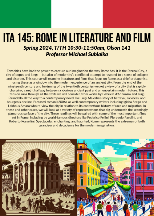 a flyer for ITA 145, featuring an italian flag and art of the city
