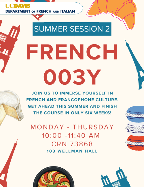A flyer for French 003y, with art of french landmarks and food.