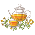 Art of a glass teapot filled with orange tea, next to a glass cup filled with tea on a bed of flowers