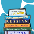 A stack of books with various small majors named on the spines. 