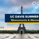 Eiffel Tower photo over reflective plaza with UC Davis Summer Abroad banner